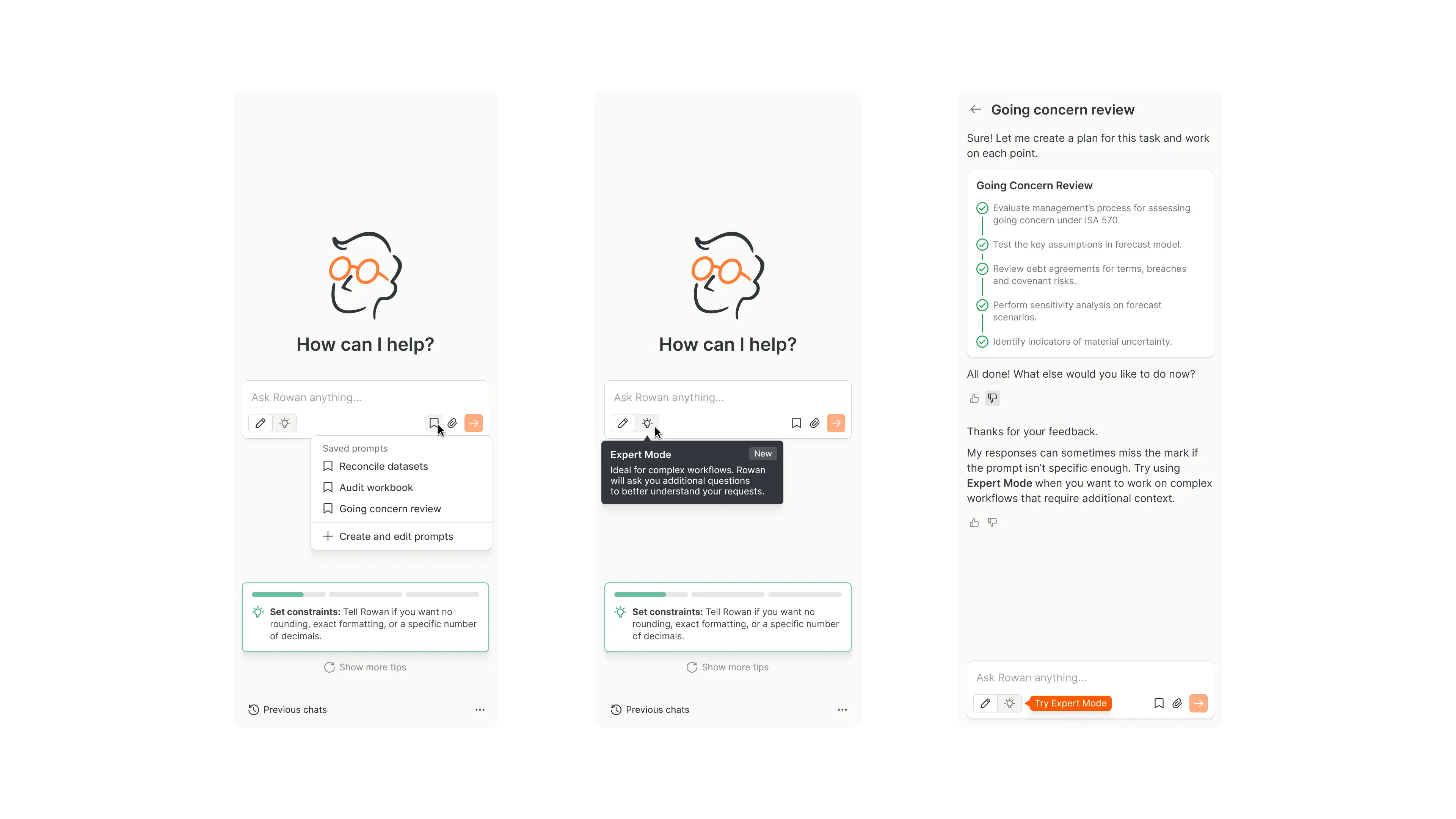 Rowan AI saved prompts and expert mode